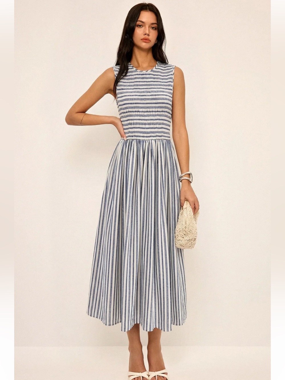 NWT Commense Striped Cotton Sleeveless Smocked Maxi Dress